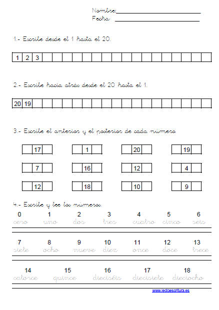 ... .es. Fichas de serie númerica para imprimir. Números del 1 al 18