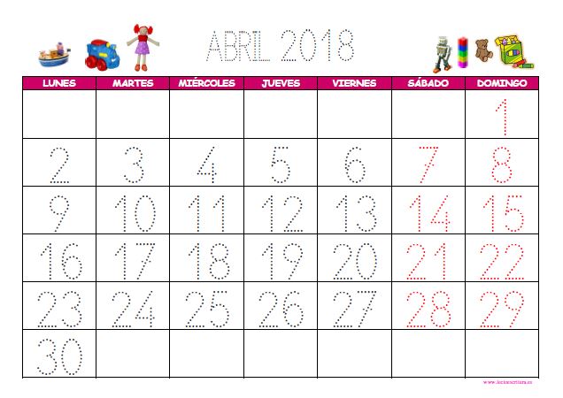 Calendario infantil abril 2018