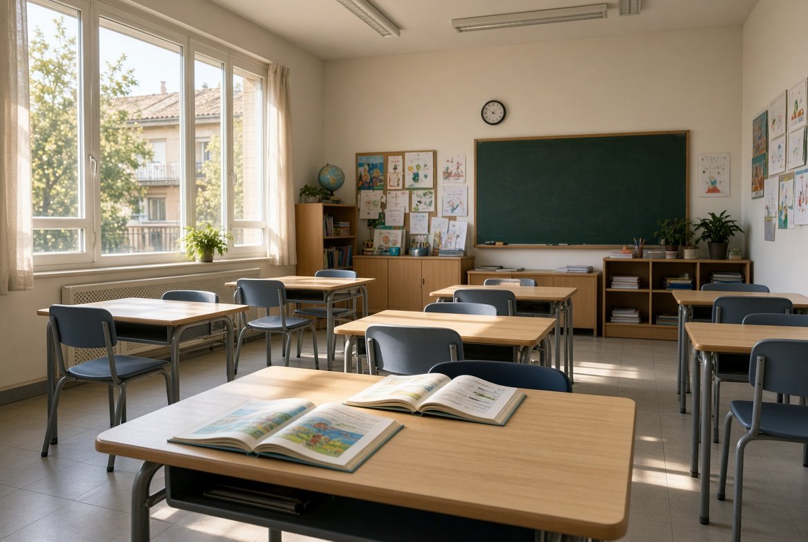 Aula de primaria con un libro abierto sobre la mesa