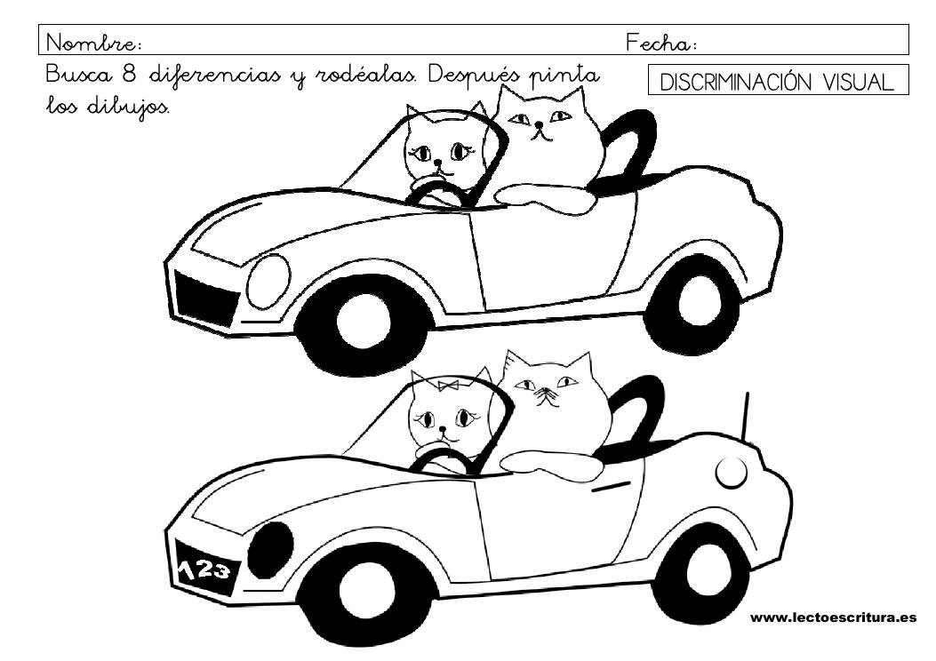 Ficha de discriminación visual 3: 8 diferencias en el coche de los gatos