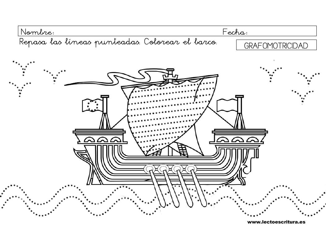 Ficha de grafomotricidad 2: barco y olas punteadas